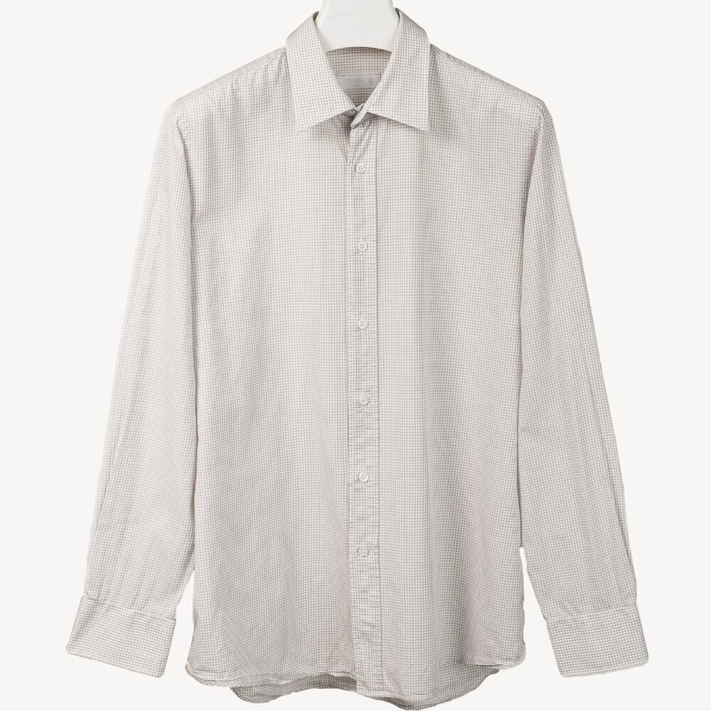 Prada 2015 Small Check White & Taupe Cotton Button-Up Oxford
